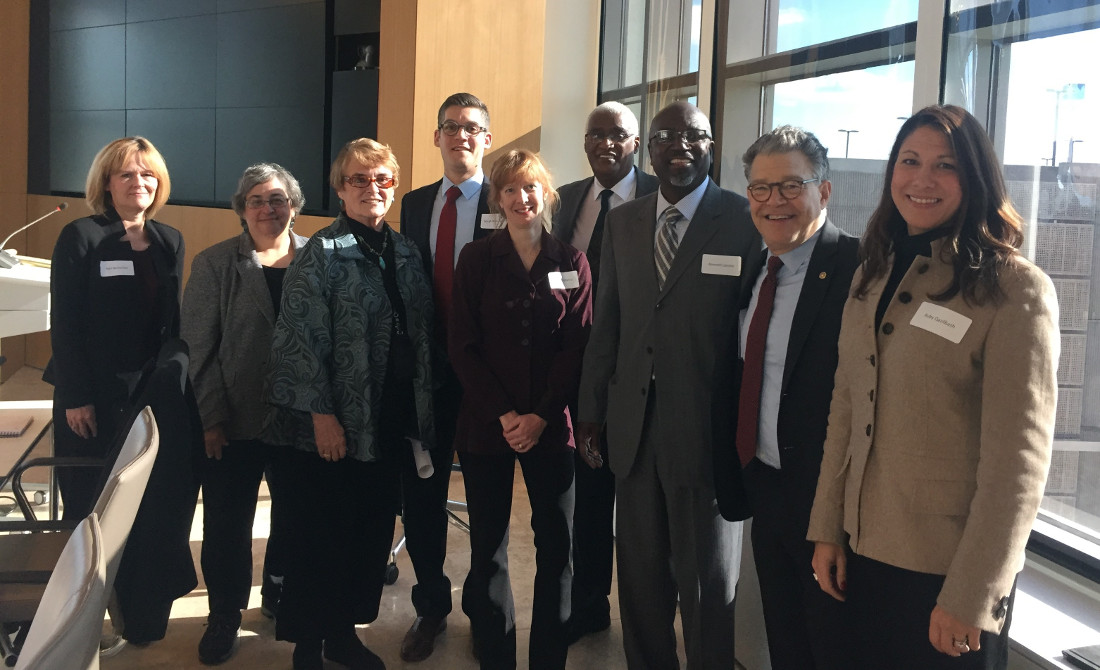 APA Interim CEO Cynthia Belar, PhD (third from left), Sen. Al Franken (D-Minn.) (second from right) and panelists at the Behavioral Health Issues in Criminal Justice meeting in December 2016